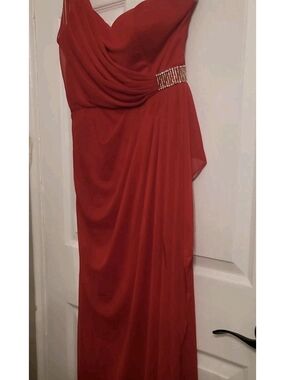 Camille La Vie One-Shoulder Red Evening Gown with Embellished Waist